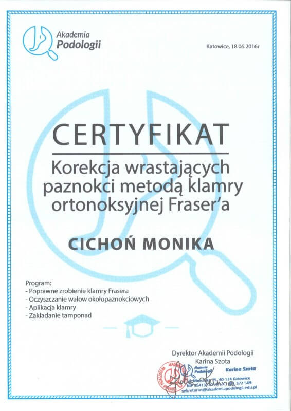 certyfikat ukończenia szkolenia z korekcji wrastających paznokci Monika Cichoń